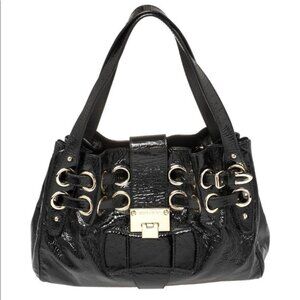 Jimmy Choo Ramona Leather Patent Shoulder Bag Tote Satchel Logo Pockets Black Lg
